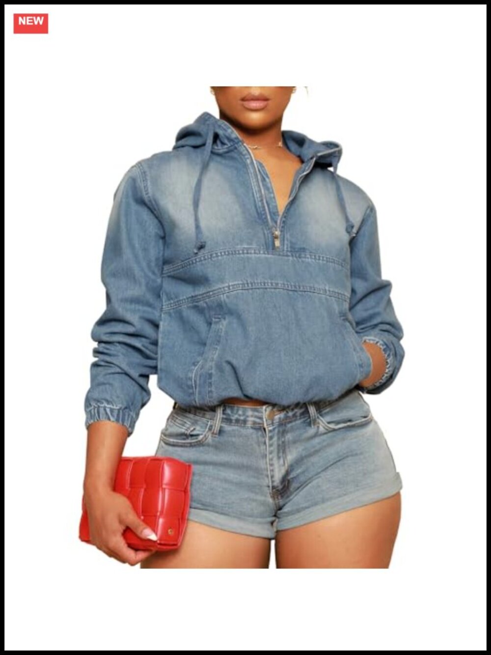 Women's Half Zip Denim Hoodie Pullover Cotton Blend Loose Fit Jean Jacket
